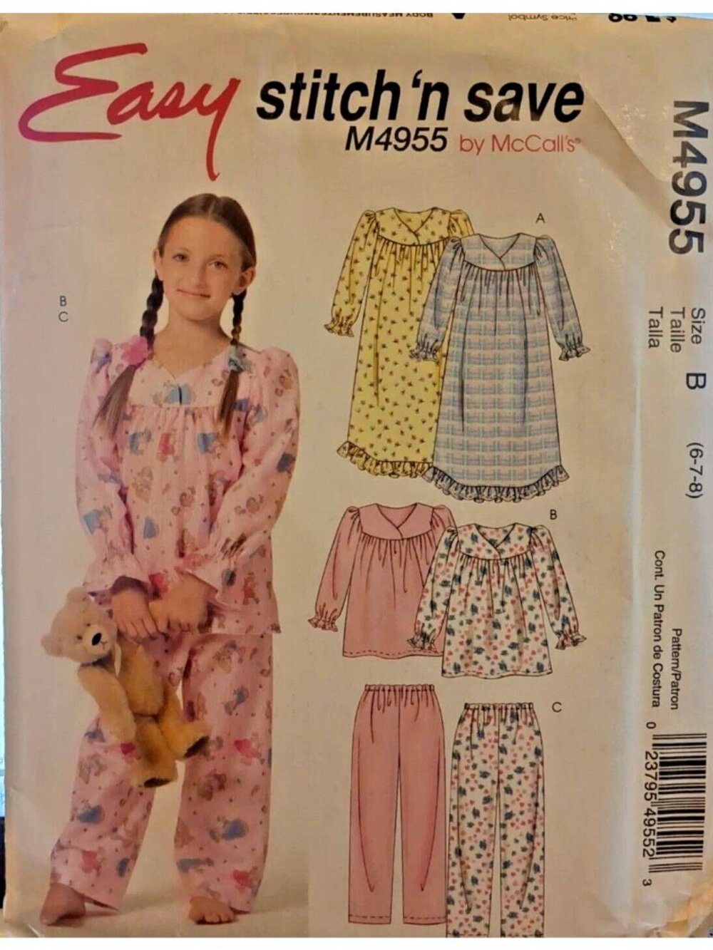 Vintage Sewing Pattern McCalls M4955 Girls Nightgown Top Pants Size 6-7-8 Uncut